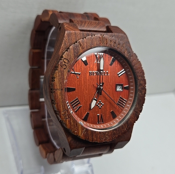 Mens Bewell Zebra Wood 45mm Date Watch Analog Quartz Lightweight Handmade Unique - Picture 3 of 9